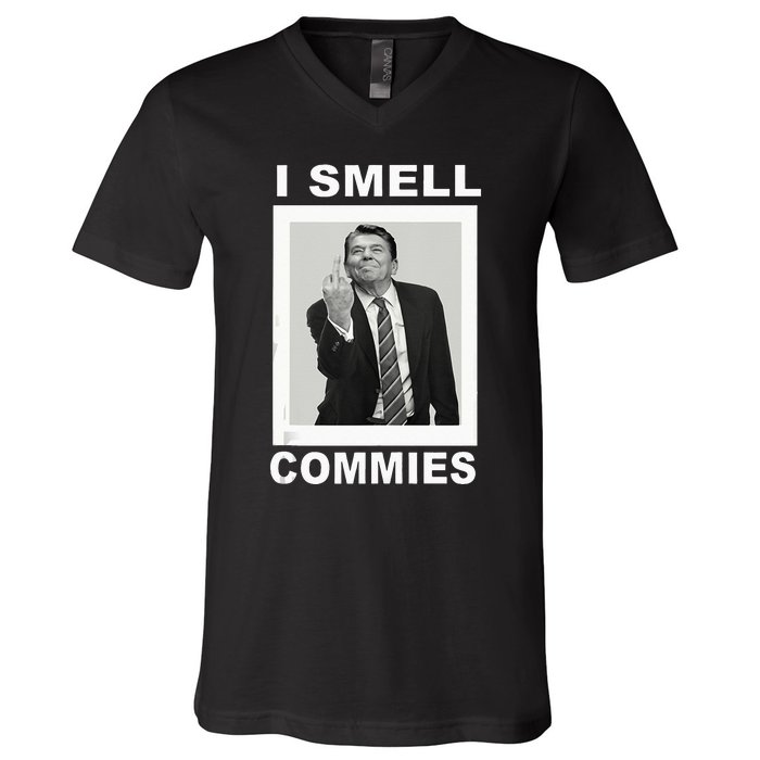 I Smell Commies Funny Ronald Regan V-Neck T-Shirt