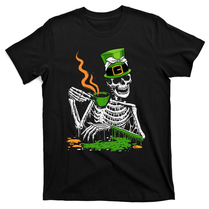 Irish Skeleton Drinking Coffee St Patricks Day Funny Bones T-Shirt