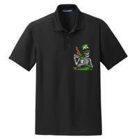 Irish Skeleton Drinking Coffee St Patricks Day Funny Bones Dry Zone Grid Polo