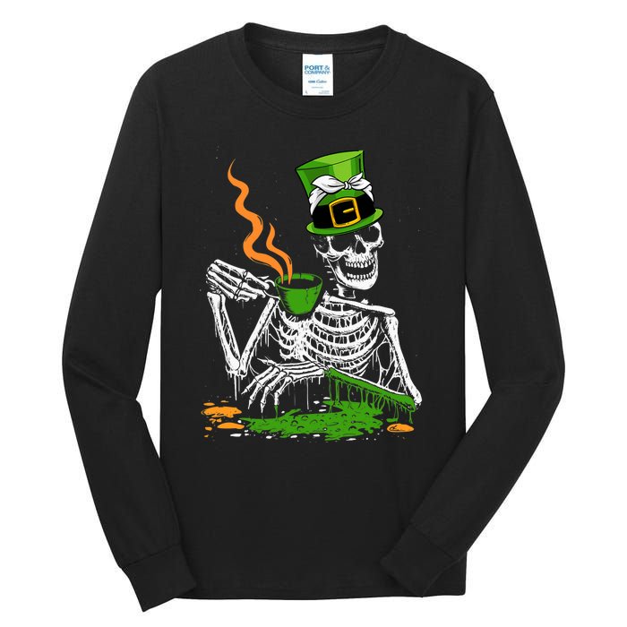 Irish Skeleton Drinking Coffee St Patricks Day Funny Bones Tall Long Sleeve T-Shirt