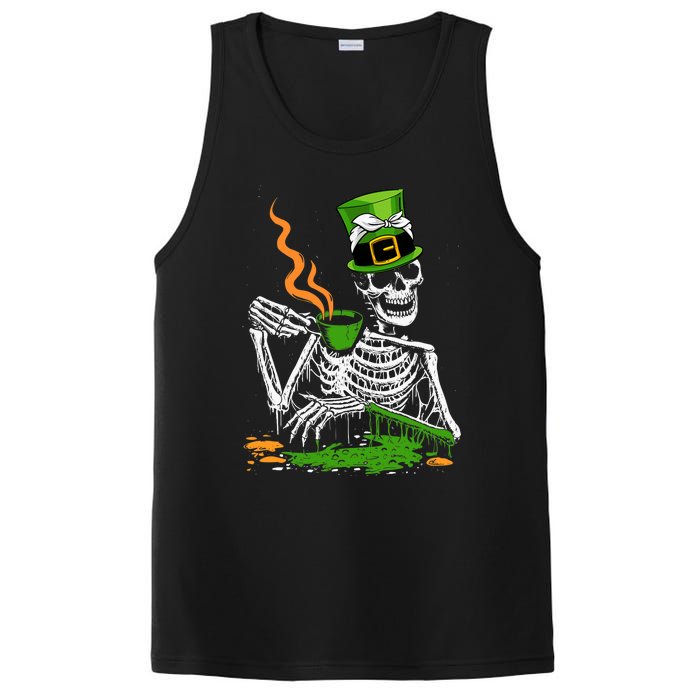 Irish Skeleton Drinking Coffee St Patricks Day Funny Bones PosiCharge Competitor Tank