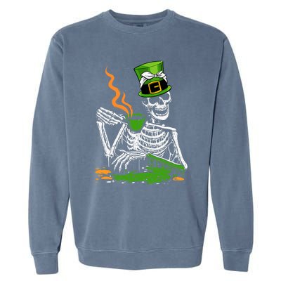 Irish Skeleton Drinking Coffee St Patricks Day Funny Bones Garment-Dyed Sweatshirt