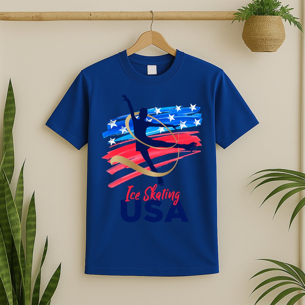 Ice Skating Dance Gift Support The Team Gift Funny Usa Flag Gift T-Shirt