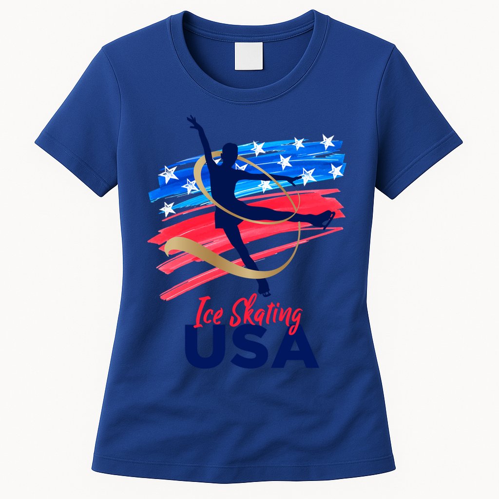 Ice Skating Dance Gift Support The Team Gift Funny Usa Flag Gift Womens T-Shirt