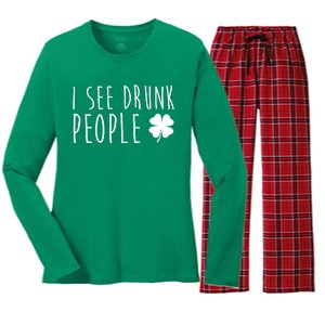 I See Drunk People Funny St Patricks Day Women's Long Sleeve Flannel Pajama Set 