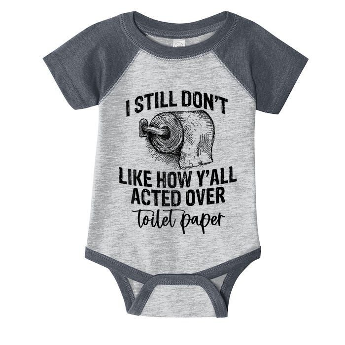I Still Don't Like How Y'all Acted Over Toilet Paper Funny Raglan Baseball Infant Baby Jersey Bodysuit