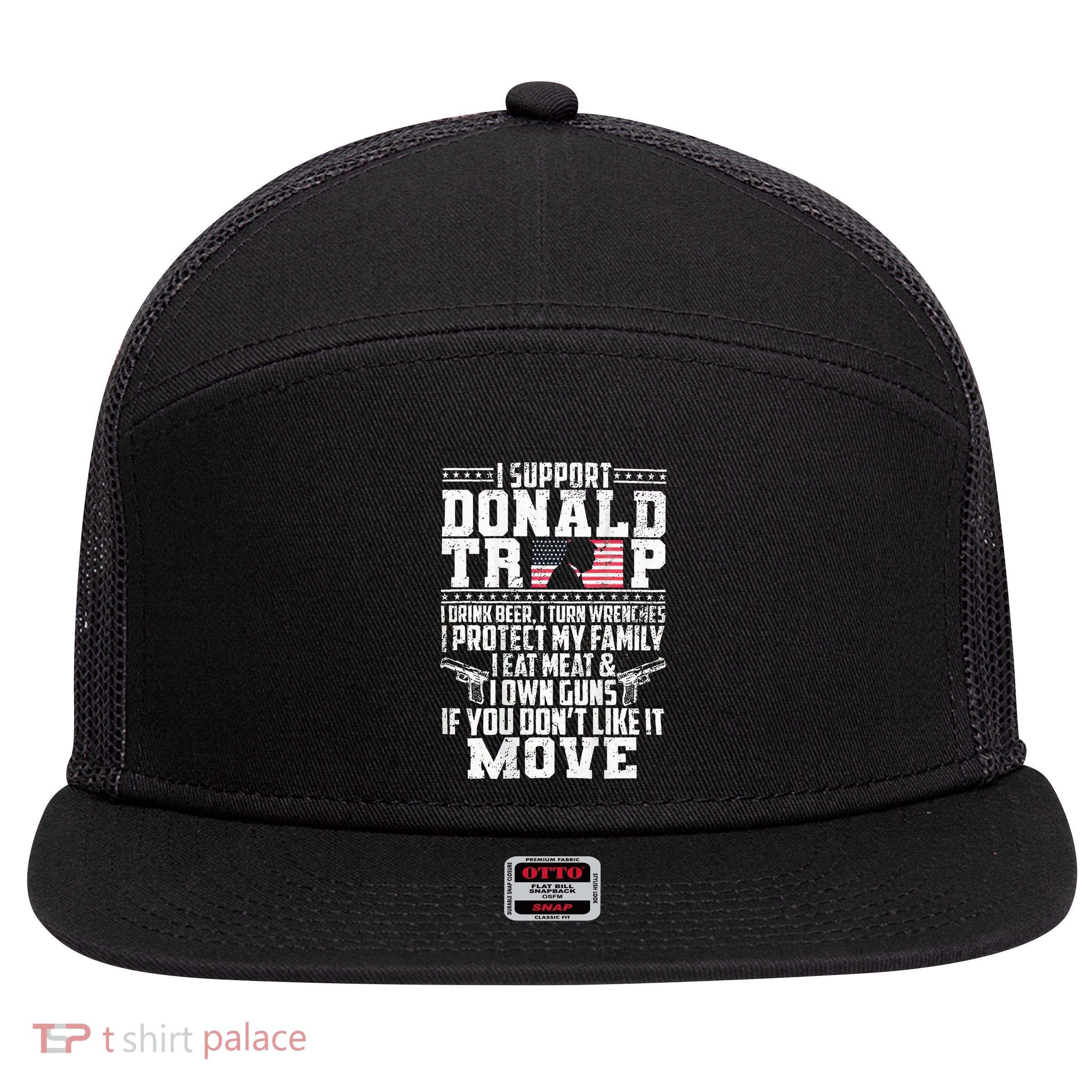 I Support Donald Trump I Drink Beer I Turn Wrenches 7 Panel Mesh Trucker Snapback Hat