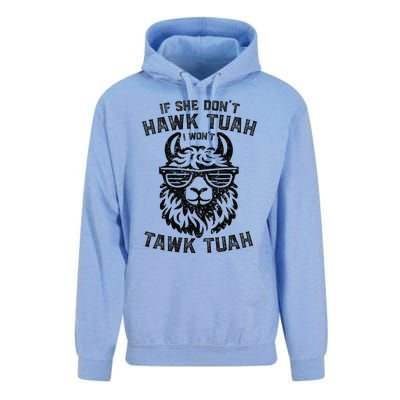 If She DonT Hawk Tuah I WonT Tawk Tuah Llama Hawk Tush Unisex Surf Hoodie