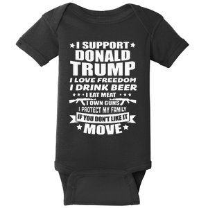 I Support Donald Trump I Love Freedom I Drink Beer Baby Bodysuit