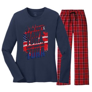 If She DonT Hawk Tuah I DonT Wanna Talk Tuha 4th July Meme Women's Long Sleeve Flannel Pajama Set 