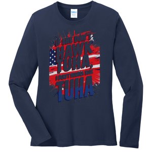 If She DonT Hawk Tuah I DonT Wanna Talk Tuha 4th July Meme Ladies Long Sleeve Shirt