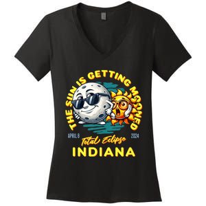 Indiana Solar Eclipse Apr 8 2024 Sun Is Getting Mooned Women's V-Neck T-Shirt