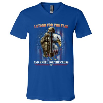 I Stand For The Flag And Kneel For The Cross Us Flag Veteran Gift V-Neck T-Shirt