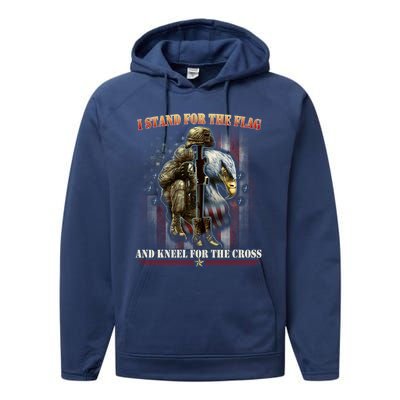 I Stand For The Flag And Kneel For The Cross Us Flag Veteran Gift Performance Fleece Hoodie