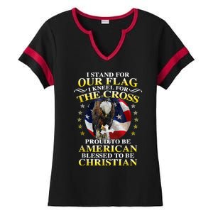 I Stand For Our Flag Kneel For The Cross Eagle 4th Of July Ladies Halftime Notch Neck Tee