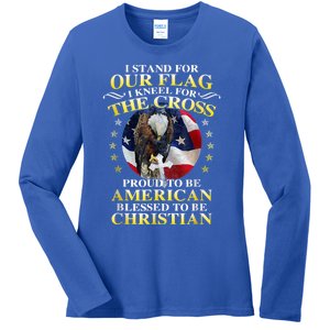 I Stand For Our Flag Kneel For The Cross Eagle 4th Of July Ladies Long Sleeve Shirt