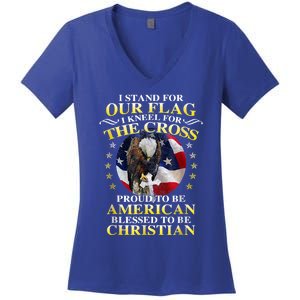 I Stand For Our Flag Kneel For The Cross Eagle 4th Of July Women's V-Neck T-Shirt