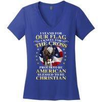 I Stand For Our Flag Kneel For The Cross Eagle 4th Of July Women's V-Neck T-Shirt