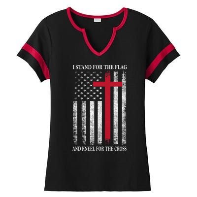 I Stand For The Flag And Kneel For The Cross Usa Flag Ladies Halftime Notch Neck Tee