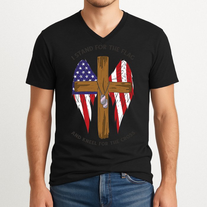 I Stand For The Flag Kneel For The Cross USA V-Neck T-Shirt