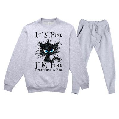 it s fine im fine everything is fine funny black cat wo Premium Crewneck Sweatsuit Set