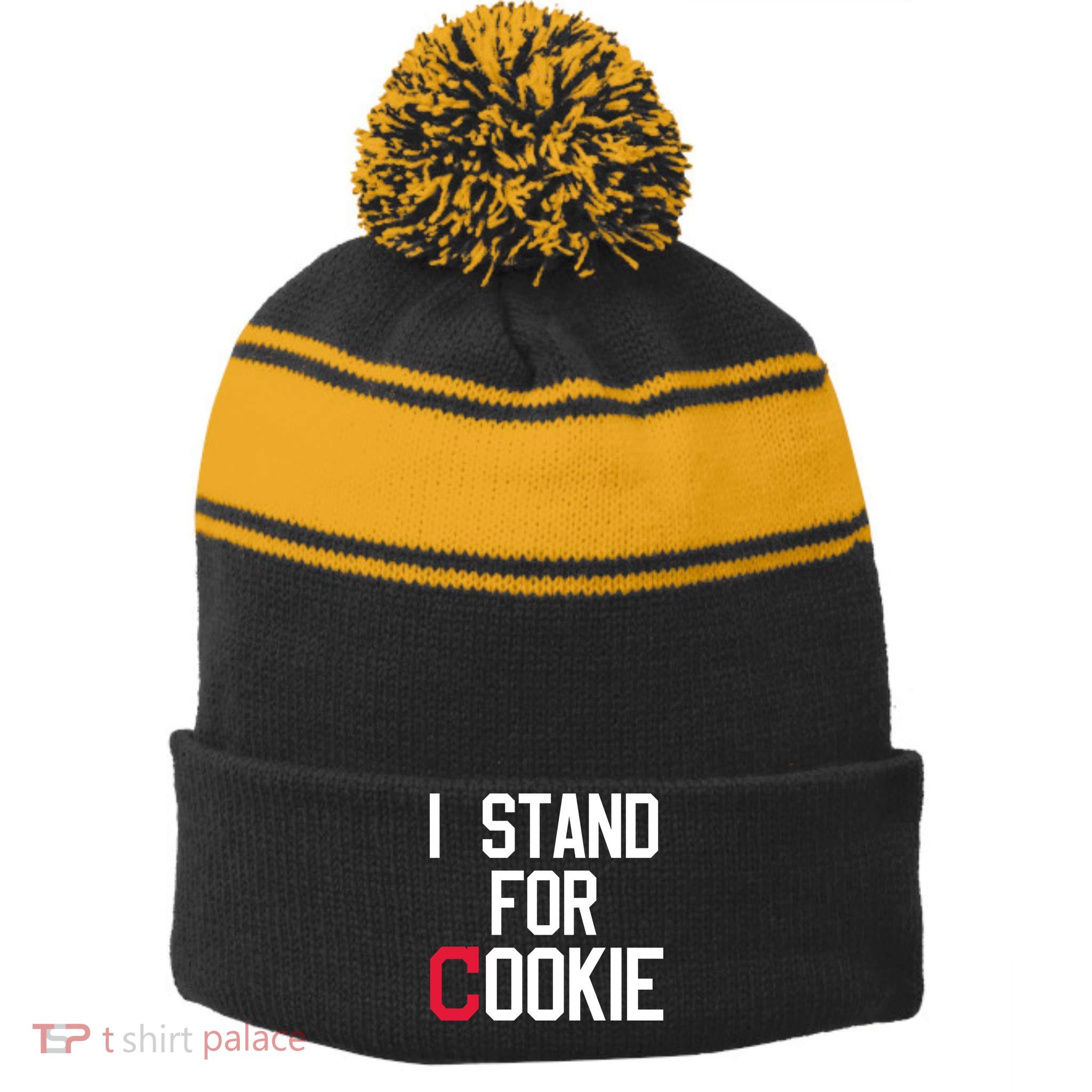 I Stand For Cookie Carlos Carrasco Indians Stripe Pom Pom Beanie