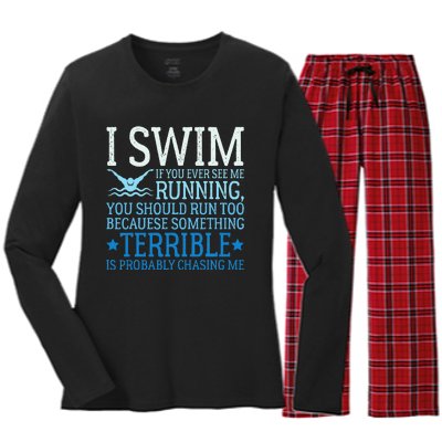 I Swim Funny Swimming Pool Quotes Swim Gifts Women's Long Sleeve Flannel Pajama Set 