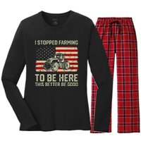 I Stopped Farming To Be Here Tractor Vintage American Flag Women's Long Sleeve Flannel Pajama Set 