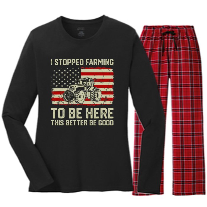 I Stopped Farming To Be Here Tractor Vintage American Flag Women's Long Sleeve Flannel Pajama Set 