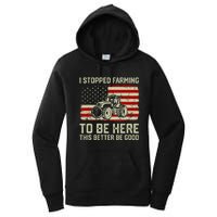 I Stopped Farming To Be Here Tractor Vintage American Flag Women's Pullover Hoodie