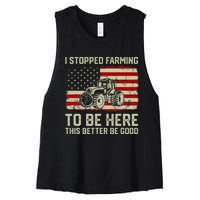 I Stopped Farming To Be Here Tractor Vintage American Flag Women's Racerback Cropped Tank