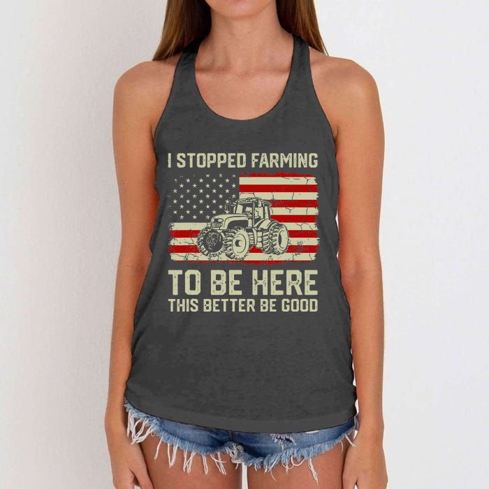 I Stopped Farming To Be Here Tractor Vintage American Flag Women's Knotted Racerback Tank