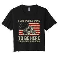 I Stopped Farming To Be Here Tractor Vintage American Flag Women's Crop Top Tee