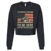 I Stopped Farming To Be Here Tractor Vintage American Flag Cropped Pullover Crew