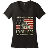 I Stopped Farming To Be Here Tractor Vintage American Flag Women's V-Neck T-Shirt