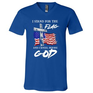 I Stand For The Flag And Kneel Before God America Flag Cross Gift V-Neck T-Shirt