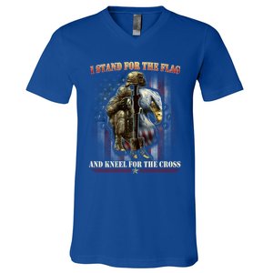 I Stand For The Flag And Kneel For The Cross Us Flag Veteran Cute Gift V-Neck T-Shirt