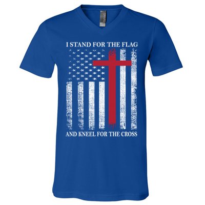 I Stand For The Flag And Kneel For The Cross American Flag Gift V-Neck T-Shirt