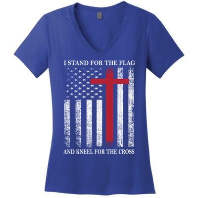 I Stand For The Flag And Kneel For The Cross American Flag Gift Women's V-Neck T-Shirt