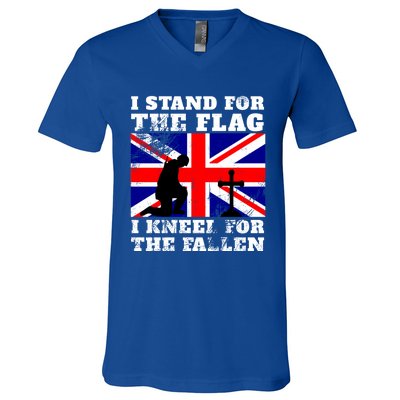 I Stand For The Flag I Kneel For The Fallen Union Jack Gift V-Neck T-Shirt