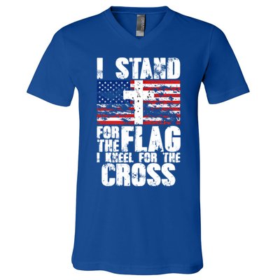 I Stand For The National Anthem Cross Us Flag Cute Gift V-Neck T-Shirt