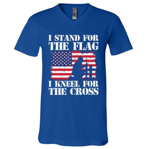 I Stand For The Flag I Kneel For The Cross 4th Of July Gift V-Neck T-Shirt