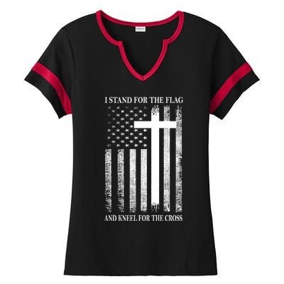 I Stand For The Flag And Kneel For The Cross Usa Flag Ladies Halftime Notch Neck Tee