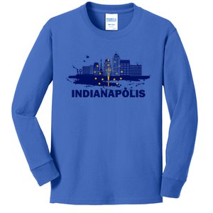 Indiana State Flag Gift Indianapolis Cityscape Gift Indianapolis Gift Kids Long Sleeve Shirt