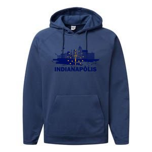 Indiana State Flag Gift Indianapolis Cityscape Gift Indianapolis Gift Performance Fleece Hoodie