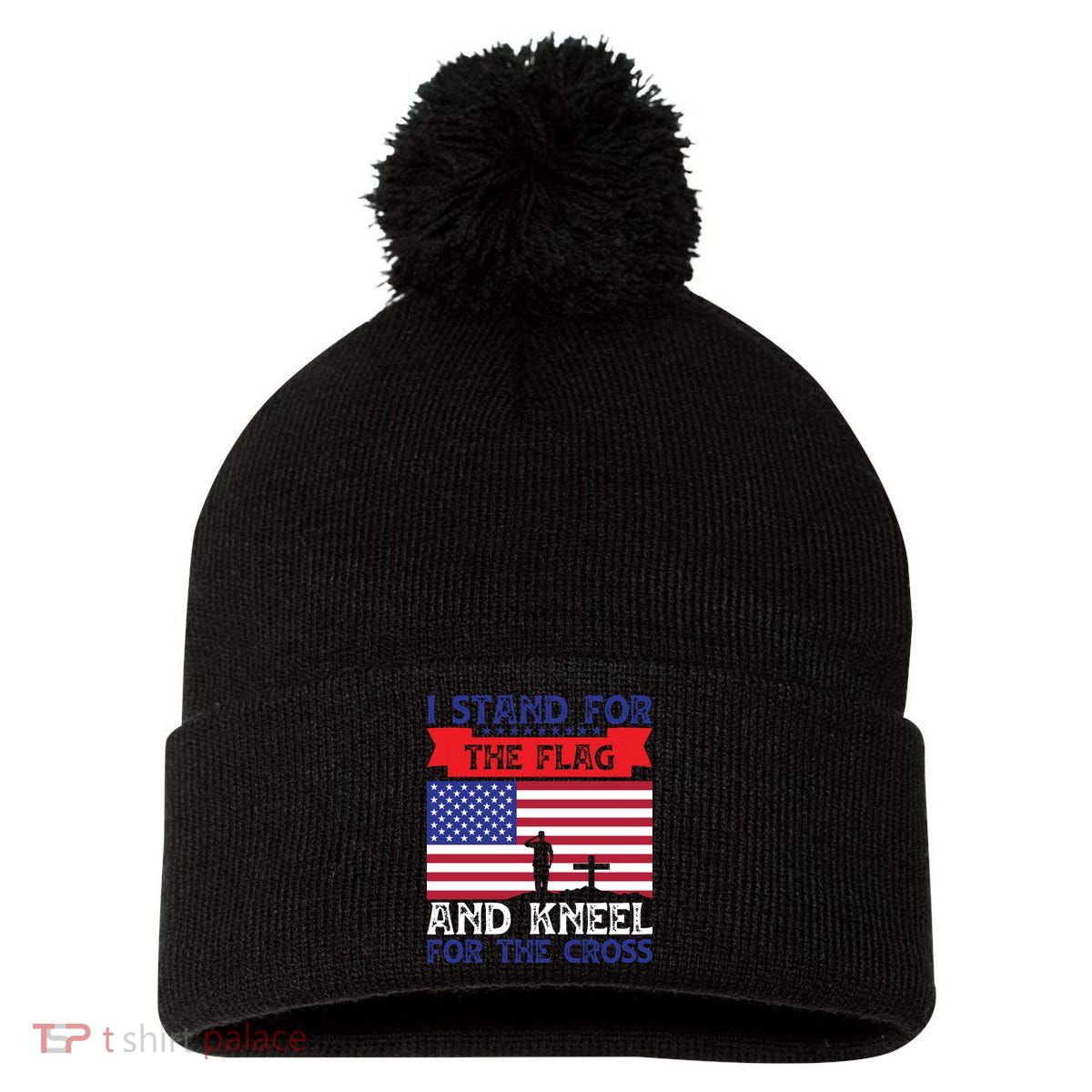 I Stand For The Flag And Kneel For The Cross Memorial Day Gift Pom Pom 12in Knit Beanie