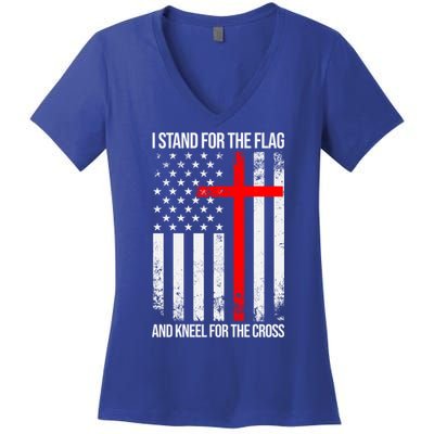 I Stand For The Flag And Kneel For The Cross Usa Flag Funny Gift Women's V-Neck T-Shirt