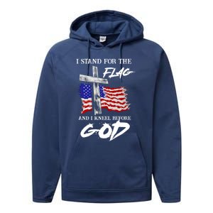 I Stand For The Flag And Kneel Before God America Flag Cross Meaningful Gift Performance Fleece Hoodie