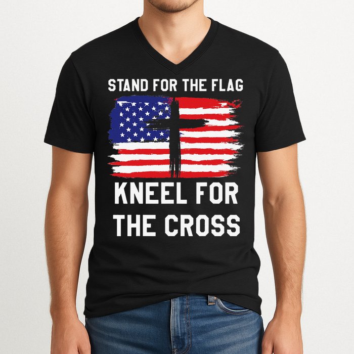 I Stand For The Flag Kneel For The Cross Patriotic Christian V-Neck T-Shirt