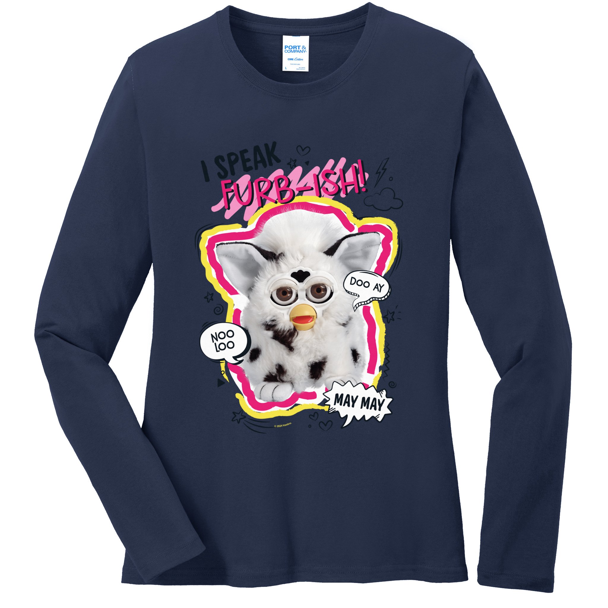 I Speak Furbish! Snowball Retro Vibes Big Chest Ladies Long Sleeve Shirt